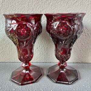 Antique McKee Ruby Red Goblets Cups Set 2 Embossed Floral Filigree‎ Vintage